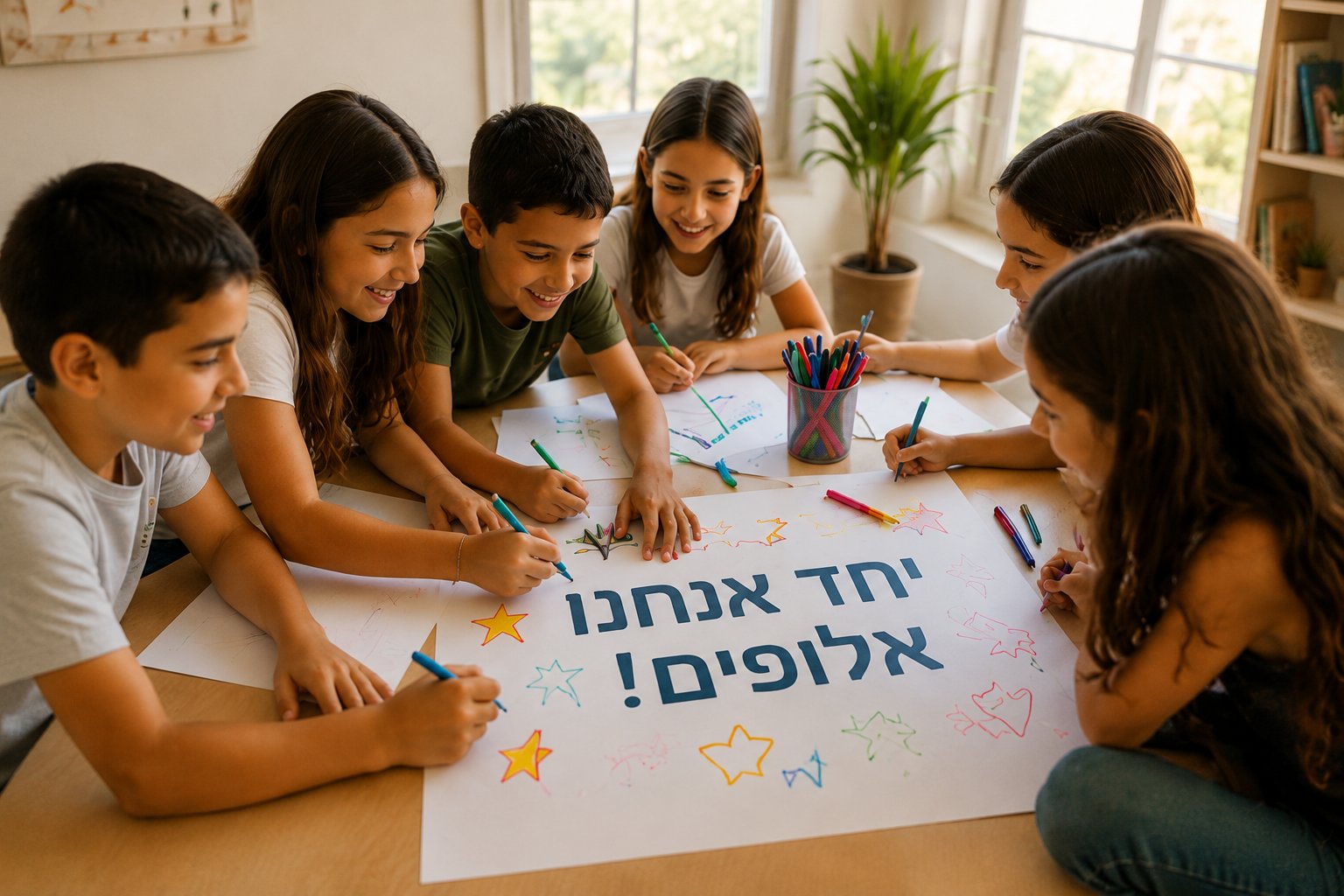 אילוסטרציה: ילדים מציירים יחד שלט ״יחד אנחנו אלופים״